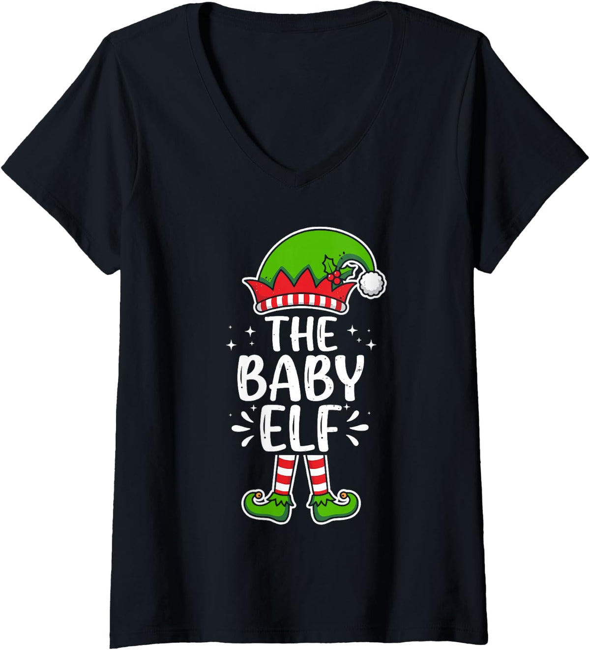 Women's I'm the Baby Elf Christmas Costume Funny Matching Family V-Neck T-Shirt - Black