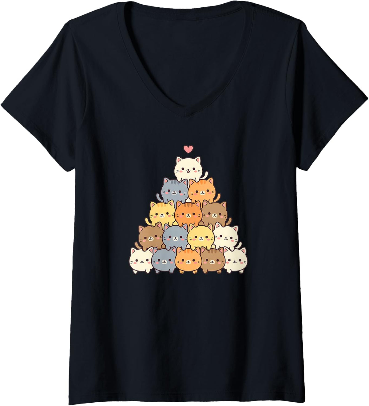 Women's Cute Kawaii Cats Stacked Kittens Japanese Anime Cat Lover V-Neck T-Shirt - Black