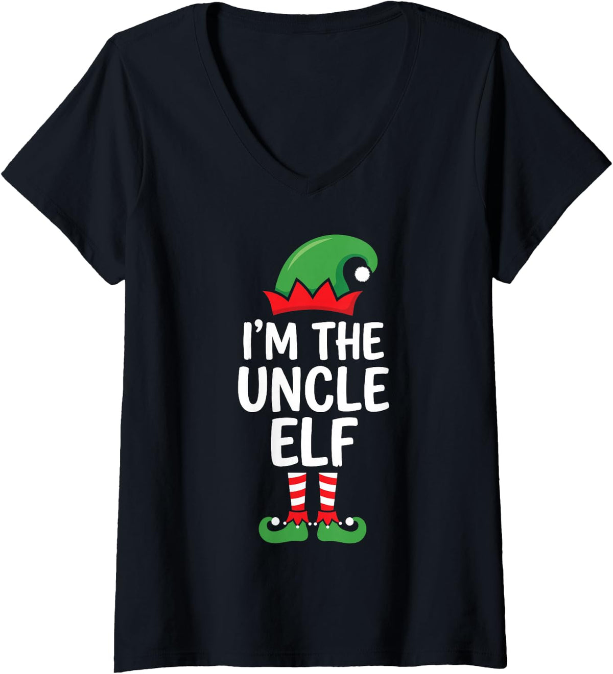 Women's I'm the Uncle Elf Ugly Christmas Matching Family Group V-Neck T-Shirt - Black