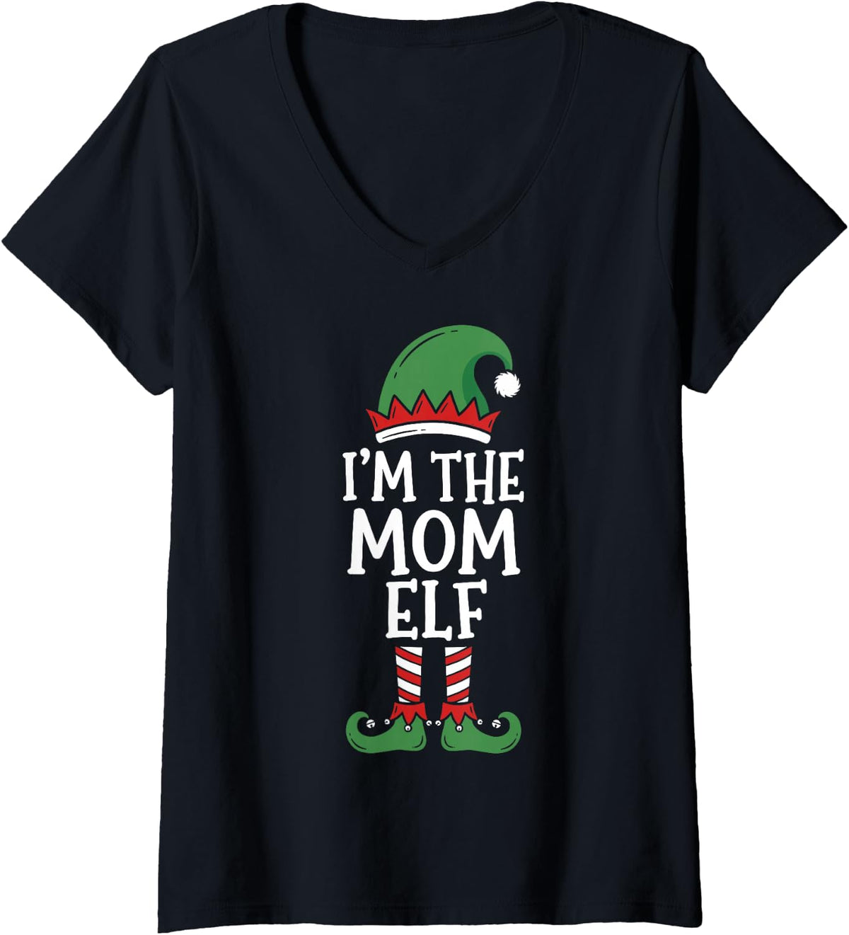 Women's I'm the Mom Elf Matching Family Christmas 2026 Holiday Crew V-Neck T-Shirt - Black