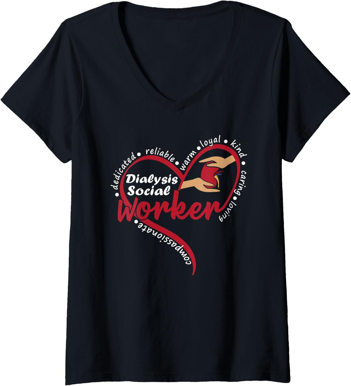 Women's Dialysis Social Worker Kidney Renal Heart V-Neck T-Shirt - Black