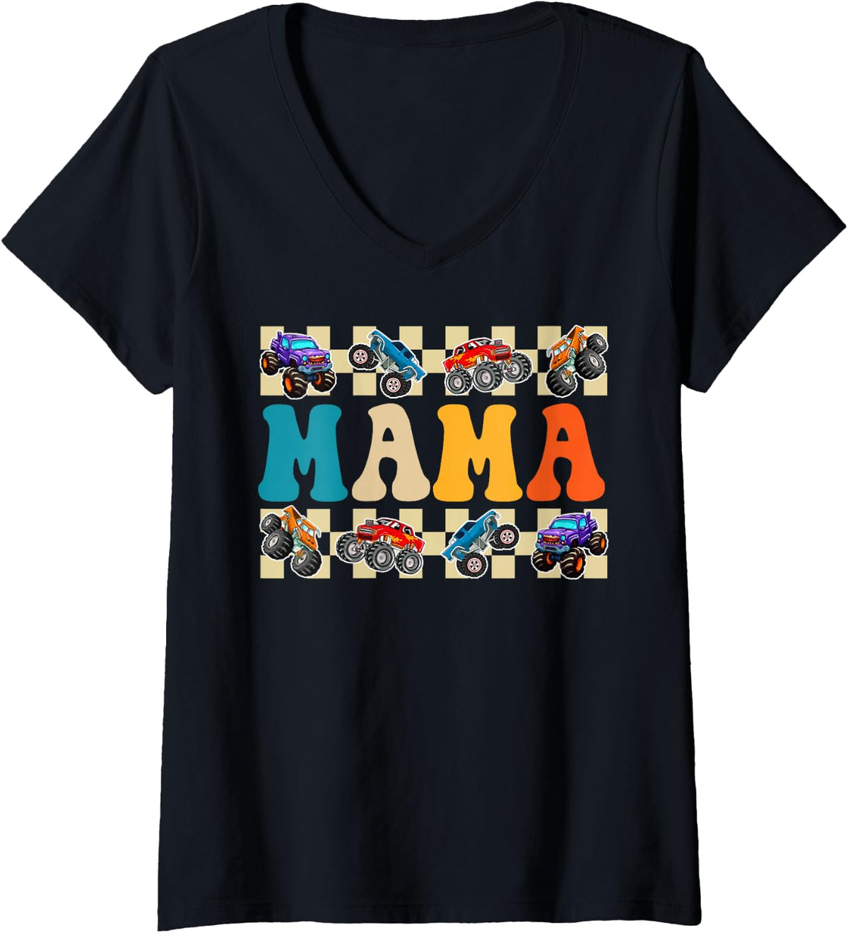 Women's Mama Monster Truck Birthday Crew Family Matching Mom Women V-Neck T-Shirt - Black