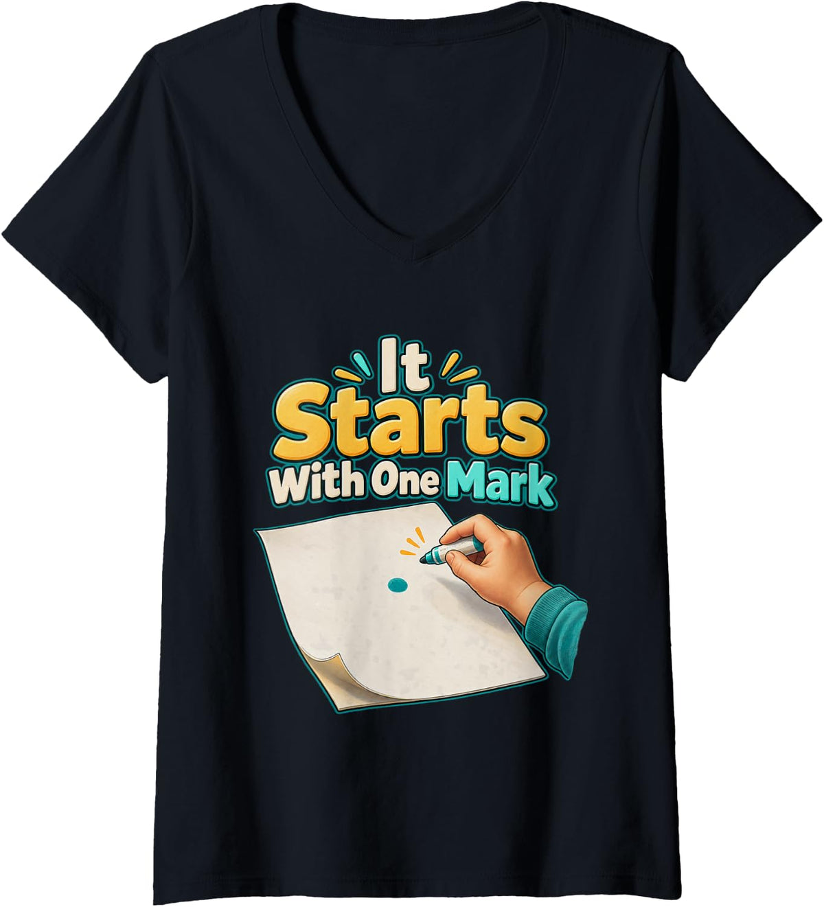 Women's It Starts with One Mark Dot Day Teacher Polka Dot Graphic V-Neck T-Shirt - Black