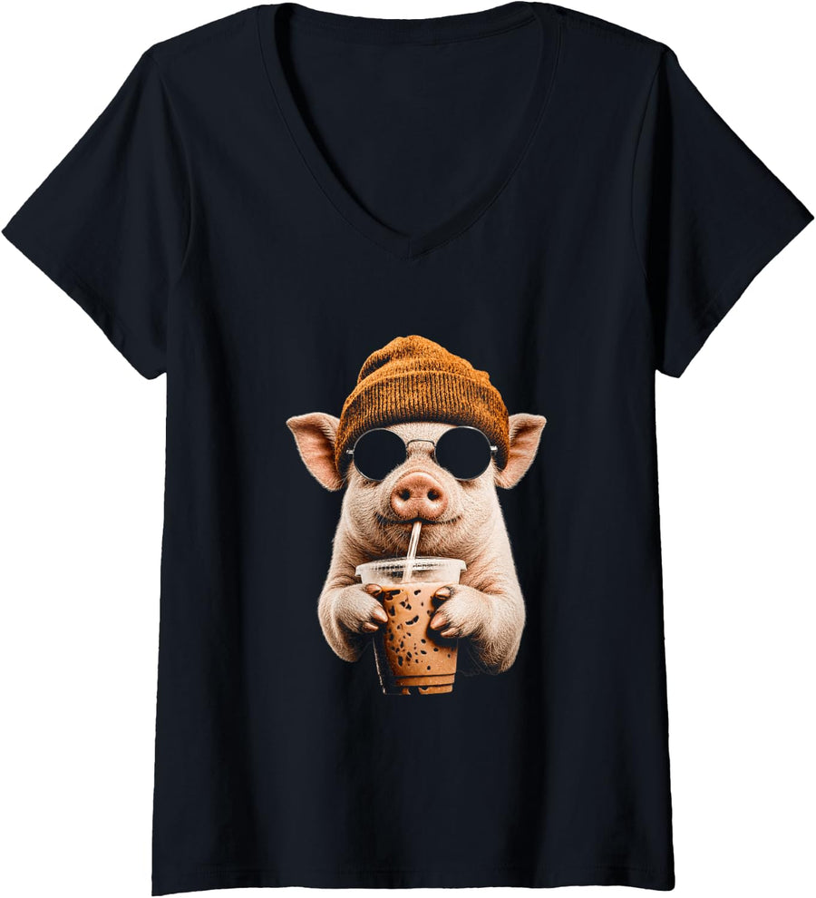Women's Pig Drinking Iced Coffee Funny Hipster Pig Lover Farm Animal V-Neck T-Shirt - Black