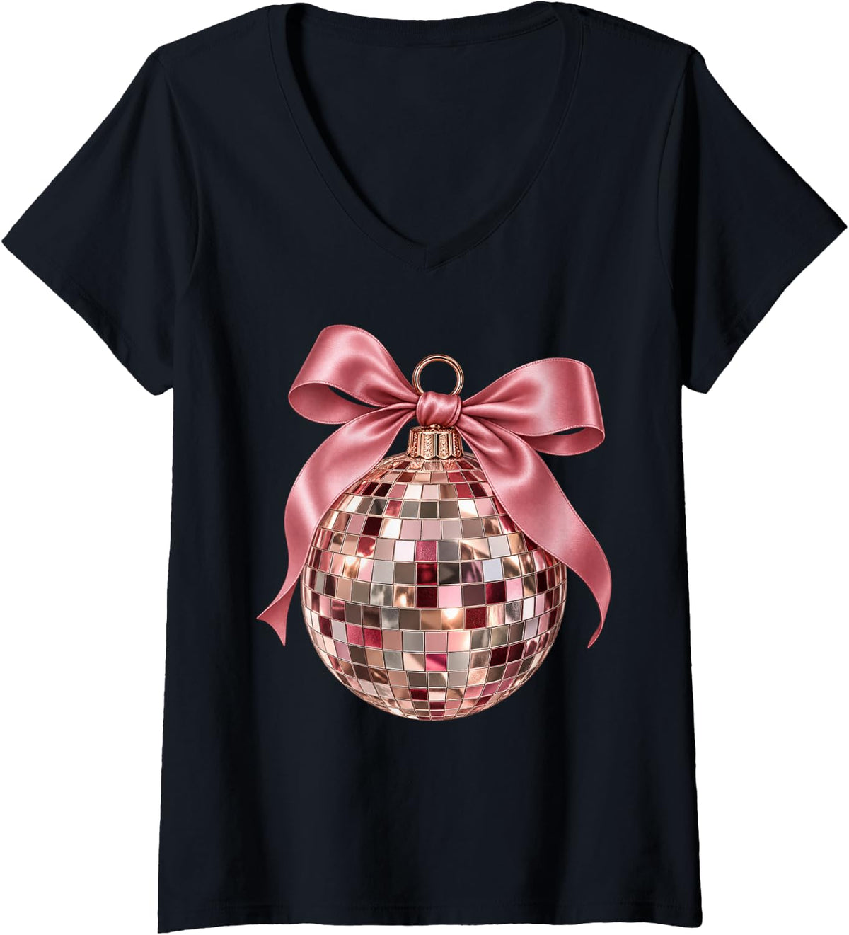 Women's Pink Disco Ball Bow Coquette Christmas New Years Eve V-Neck T-Shirt - Black