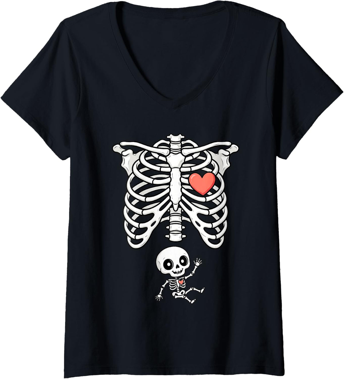 Women's Pregnant Skeleton Halloween Couple Baby Announcement Mom V-Neck T-Shirt - Black