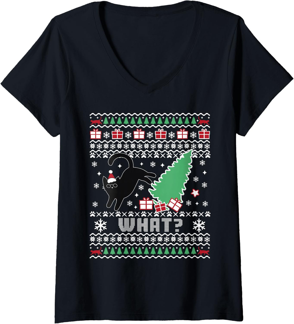 Women's Funny Black Cat Pushing Christmas Tree Over Cat What? Womens V-Neck T-Shirt - Black