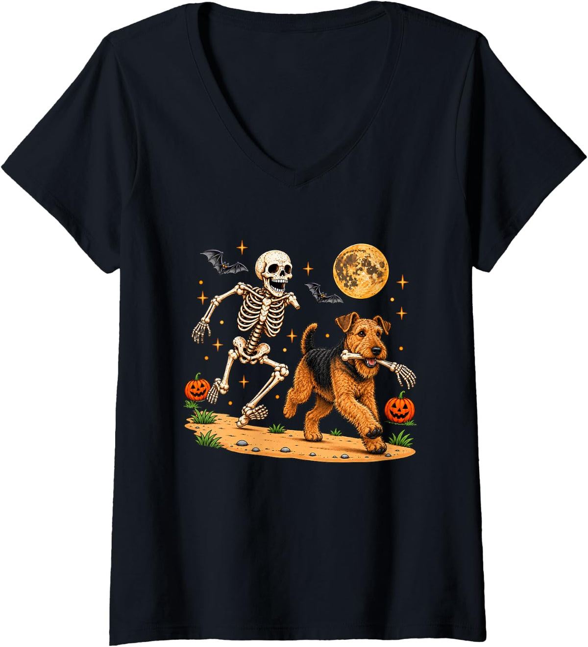 Women's Funny Skeleton Chasing Airedale Terrier Halloween Dog Mom V-Neck T-Shirt - Black