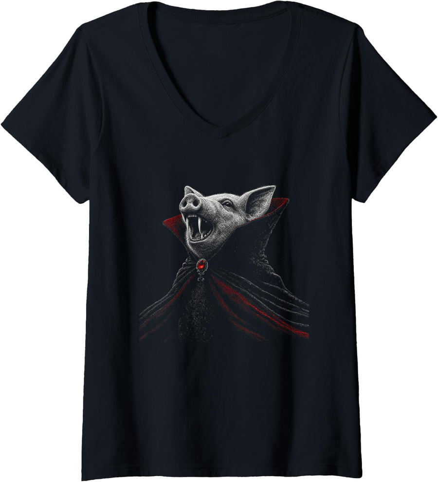 Women's Pig Halloween Pig Lover Spooky Gothic Vampire V-Neck T-Shirt - Black
