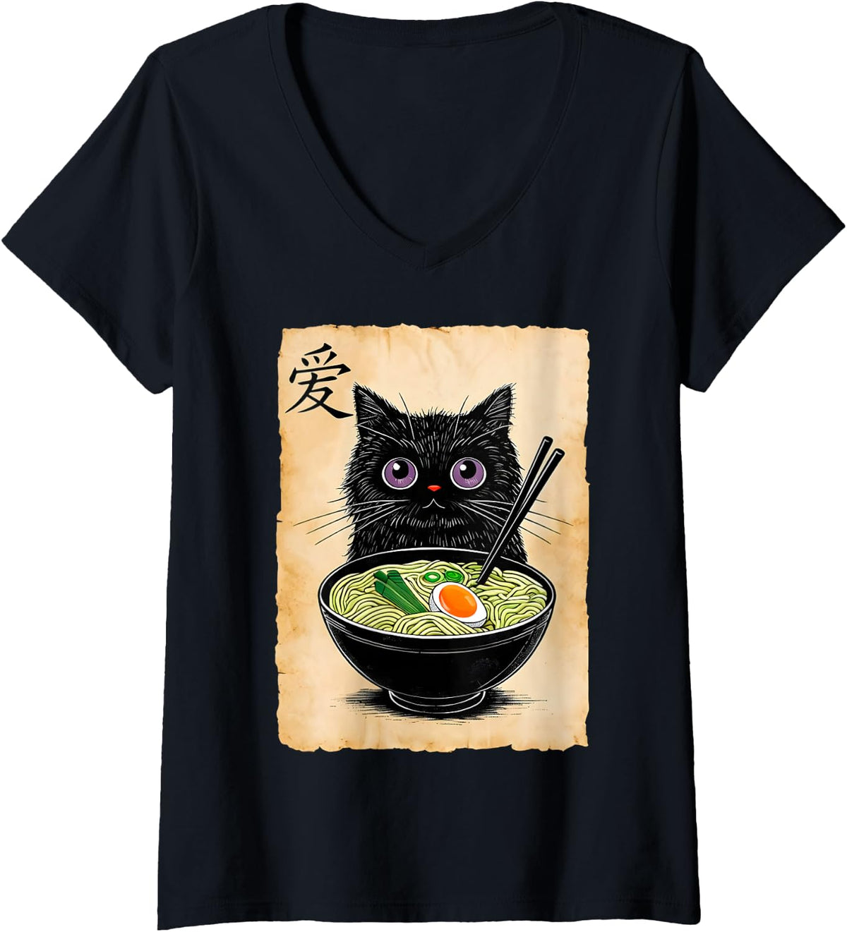 Women's Cat Ramen Graphic Tees Funny Japanese Kawaii Anime Cat V-Neck T-Shirt - Black