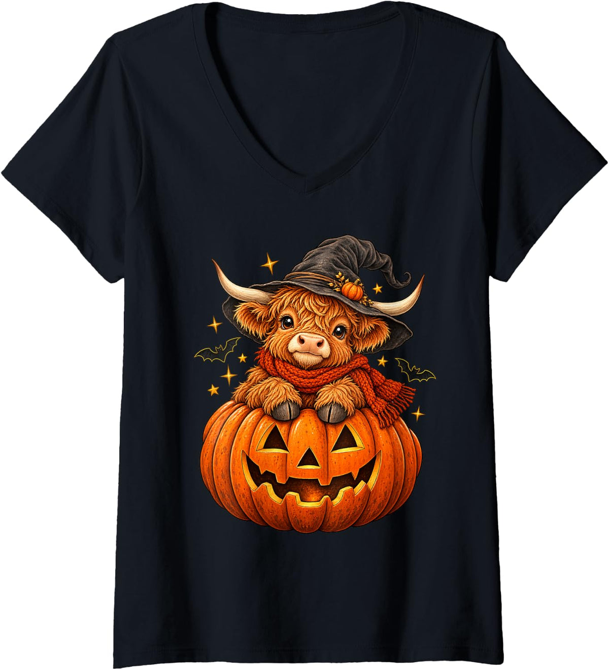 Women's Baby Highland Cow Halloween Witch Pumpkin - Cute Hairy Coo V-Neck T-Shirt - Black