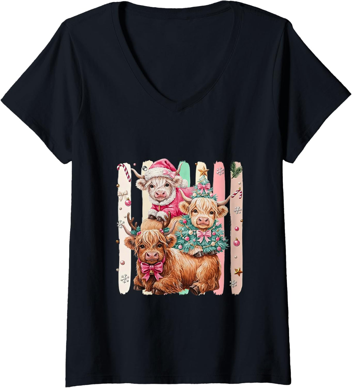 Women's Striped Christmas Highland Cow Coquette Bow Xmas Holiday V-Neck T-Shirt - Black