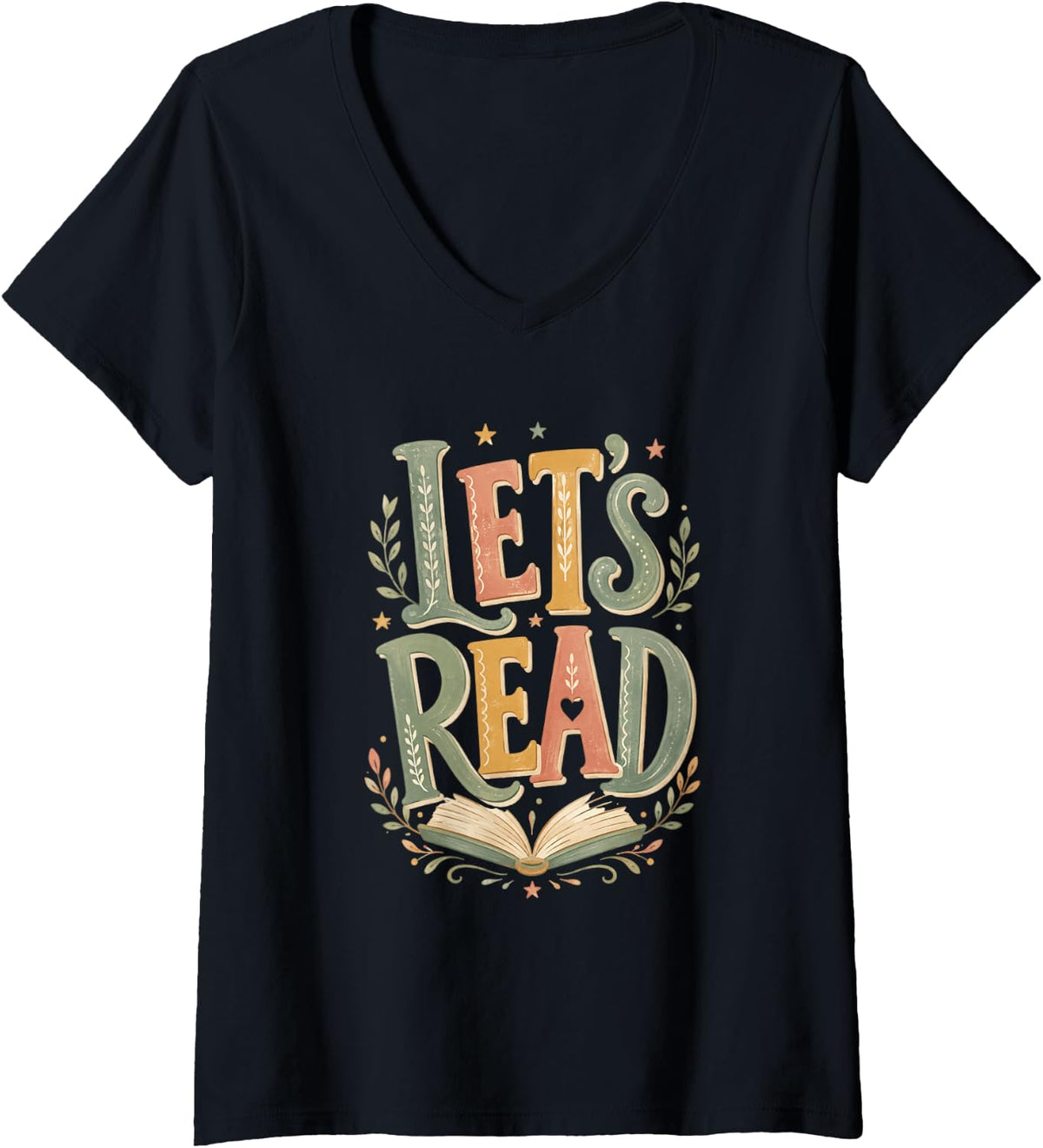 Women's Lets Read Book Lover Library Reading Teacher V-Neck T-Shirt - Black