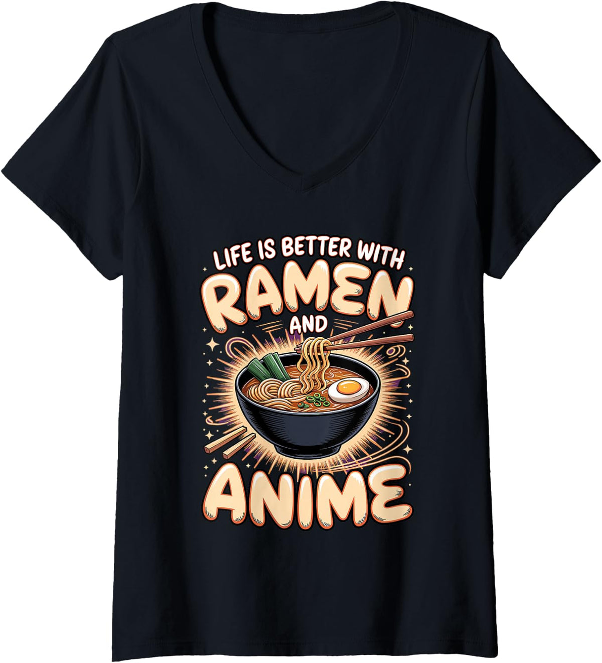 Women's Life is Better with Ramen and Anime Otaku Manga V-Neck T-Shirt - Black