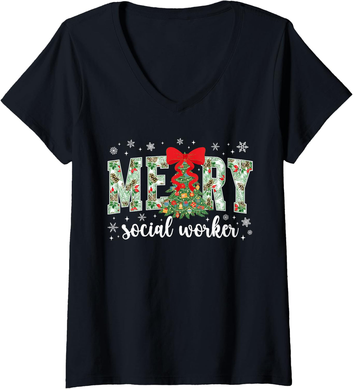 Women's Merry Social Worker Christmas Social Workers Xmas Party Bow V-Neck T-Shirt - Black