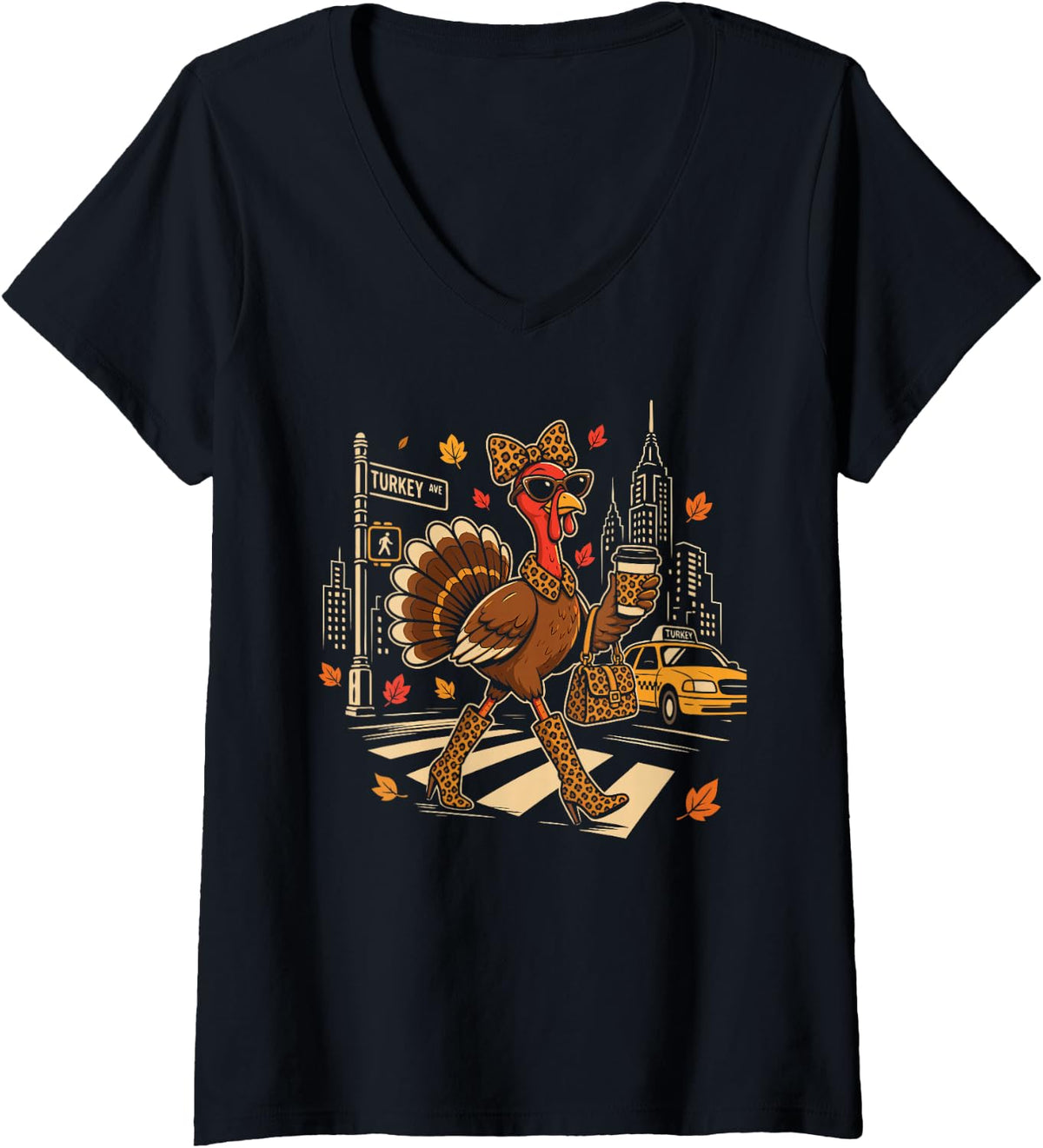 Women's Turkey AVE/Turkey Leopard Print Thanksgiving V-Neck T-Shirt - Black