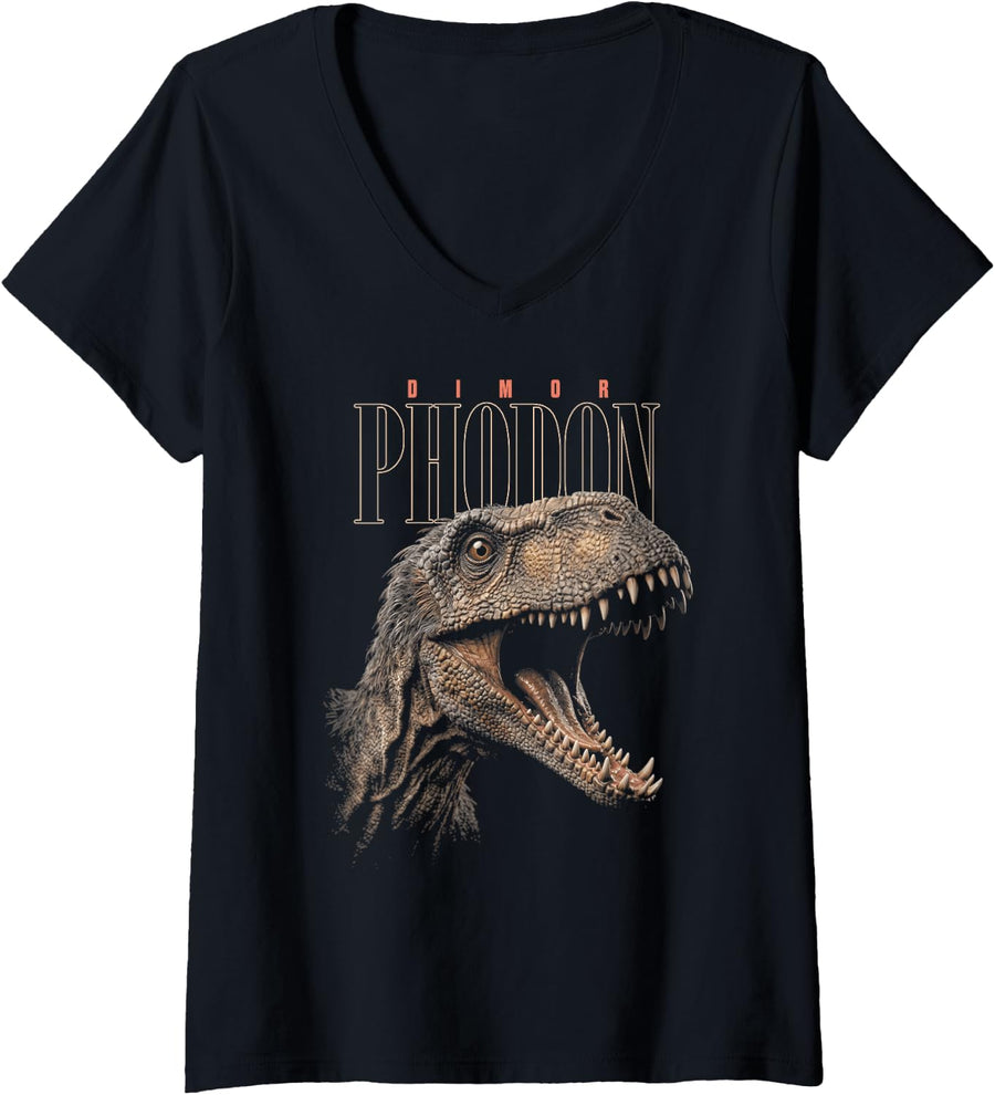 Women's Dimorphodon Face Dinosaur Wildlife Nature Dino Dimorphodon V-Neck T-Shirt - Black