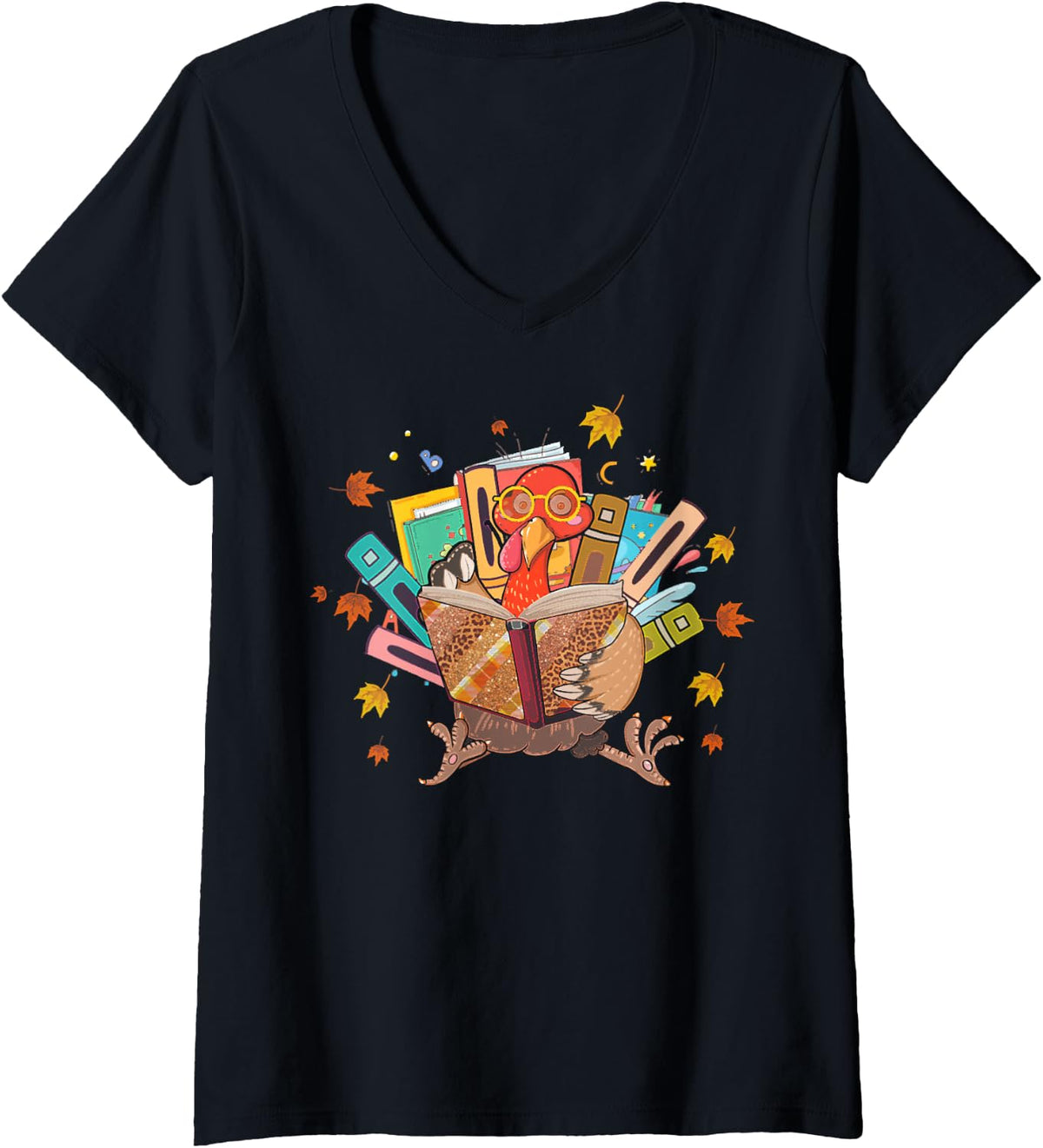 Women's Book Lover's Day in Turkey, Funny Thanksgiving Autumn Tees V-Neck T-Shirt - Black