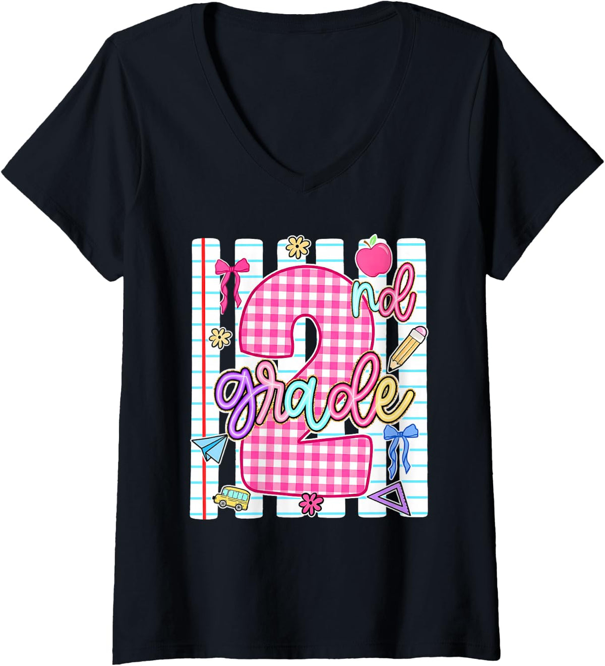 Women's Back to School 2nd Second Grade Coquette Bow Women Girl V-Neck T-Shirt - Black
