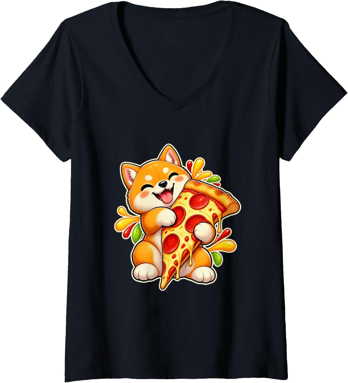 Women's Smiling Shiba Inu with Pizza Slice V-Neck T-Shirt - Black