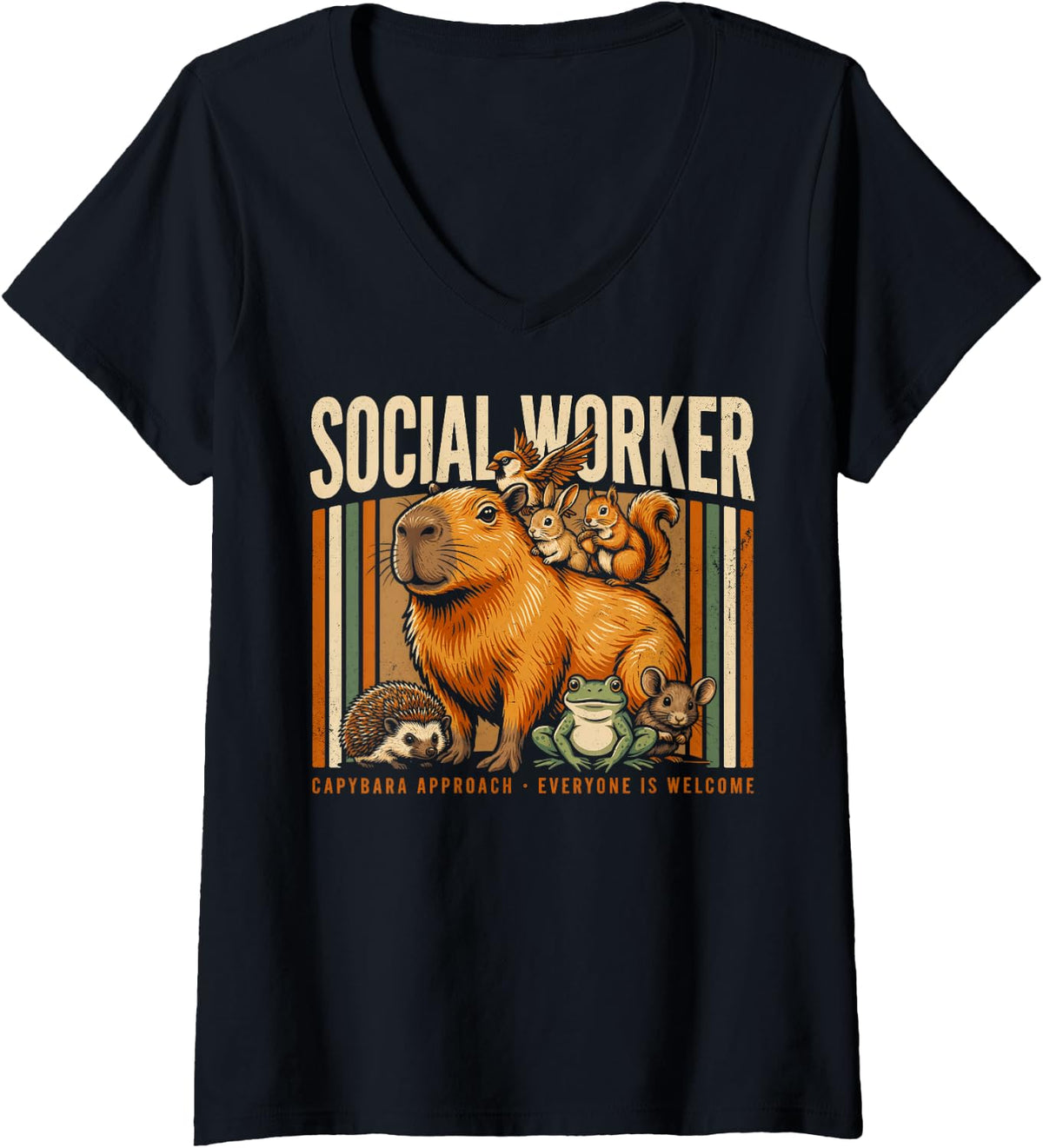 Women's Social Worker Capybara Approach Everyone is Welcome V-Neck T-Shirt - Black