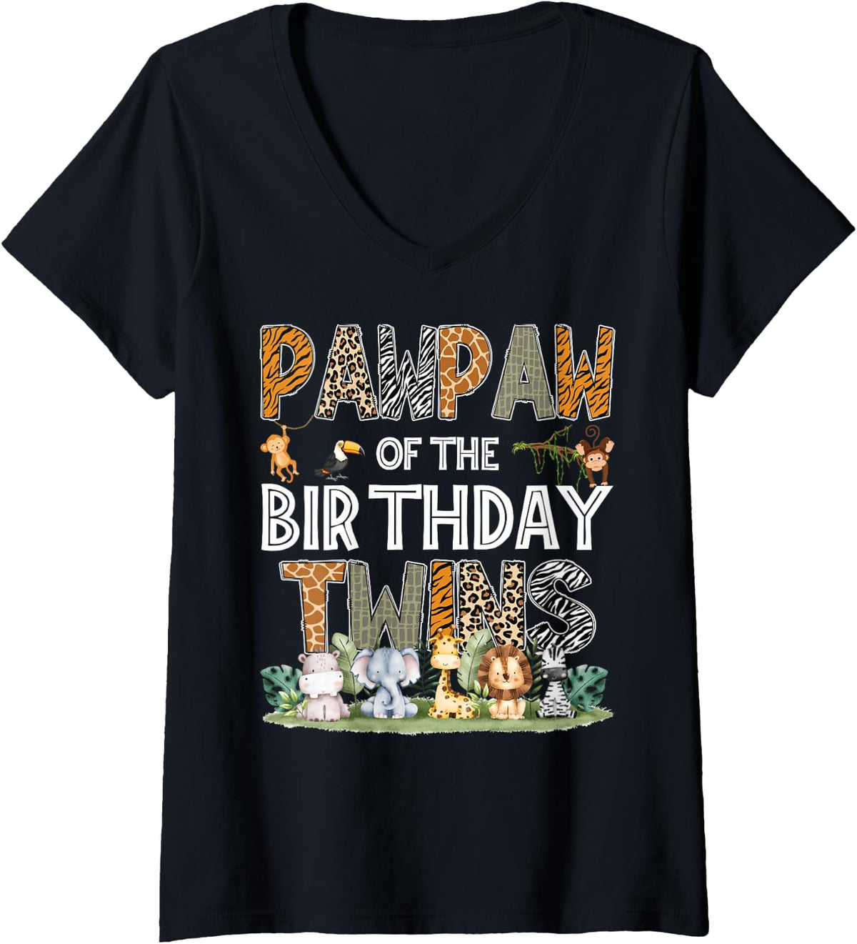 Women's Pawpaw of The Birthday Twins Safari Wild One Zoo Animal V-Neck T-Shirt - Black