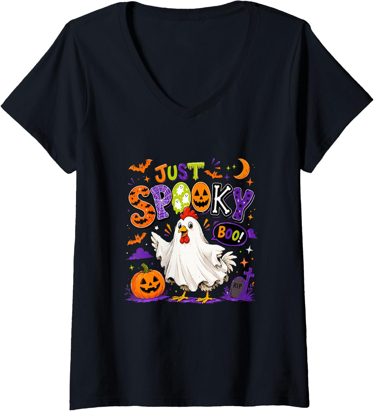 Women's Just Spooky Halloween Chicken Cosplay Boo Costume Farmer V-Neck T-Shirt - Black