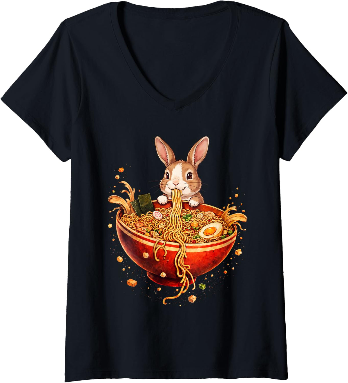 Women's Rabbit Ramen Japanese Art Funny Anime Graphic Tee Kawaii V-Neck T-Shirt - Black