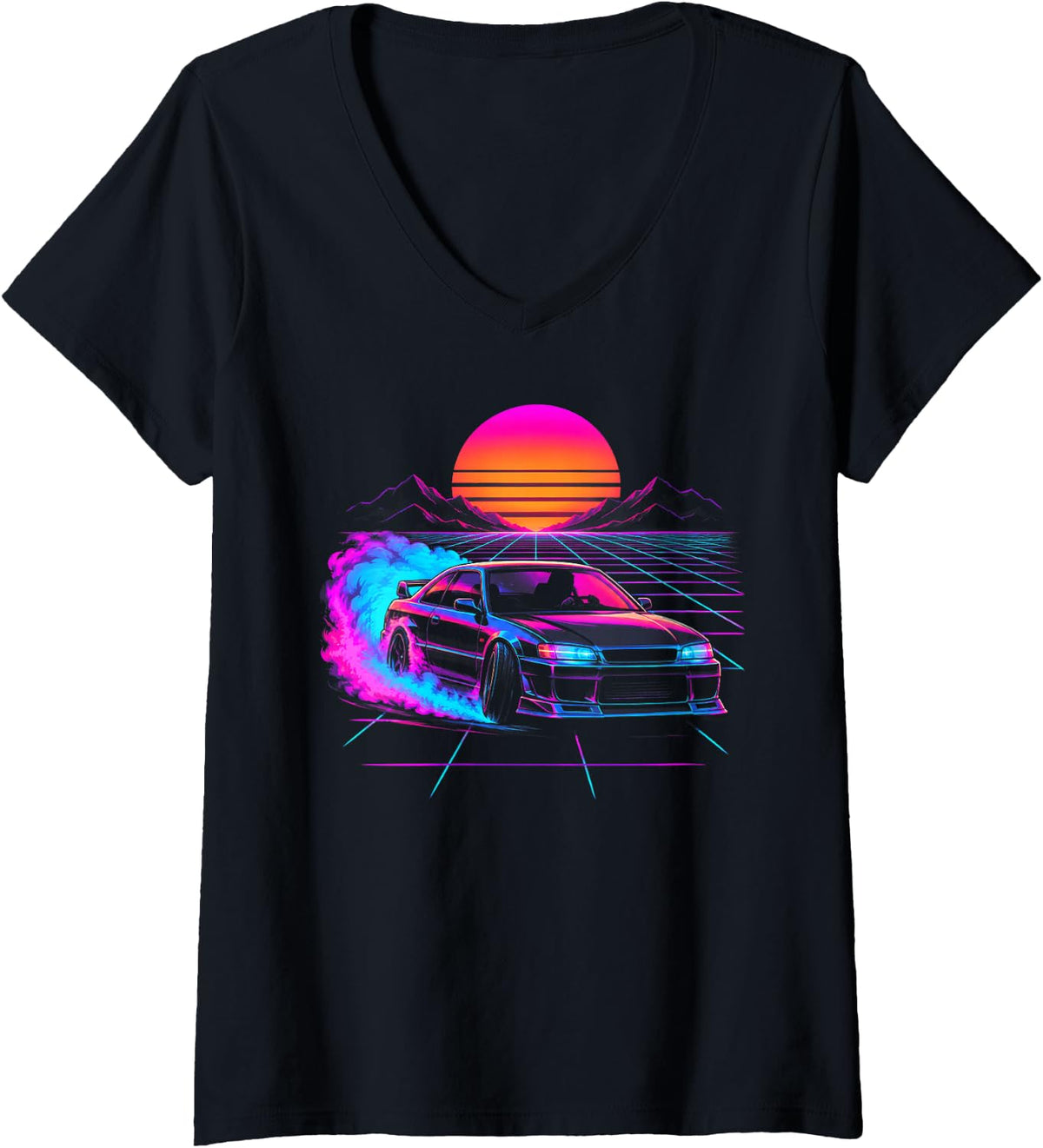Women's Synthwave Drifting Car Sunset Grid V-Neck T-Shirt - Black