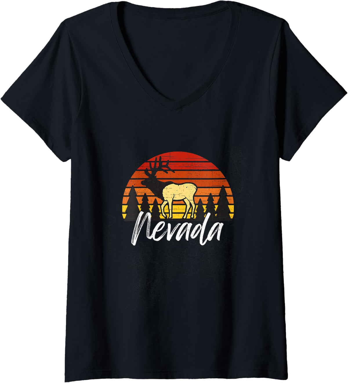 Women's Vintage Elk Hunting Nevada V-Neck T-Shirt - Black