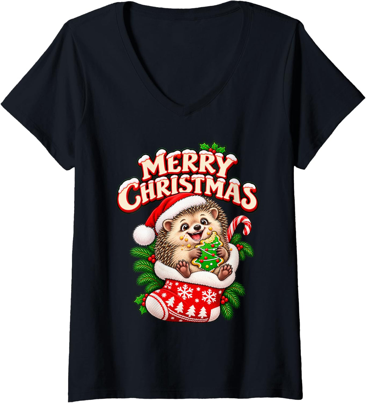 Women's Merry Christmas Happy Hedgehog Cute Stocking Funny V-Neck T-Shirt - Black