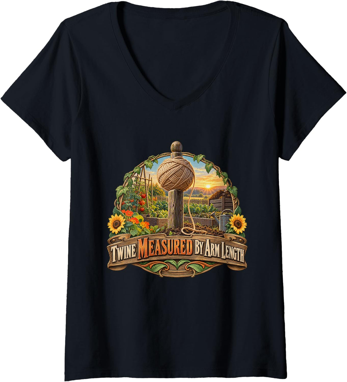 Women's Twine Measured By Arm Length Gardening Graphic V-Neck T-Shirt - Black