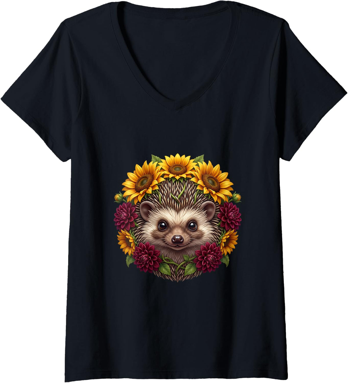 Women's Little Hedgehog with Sunflowers and Red Dahlias V-Neck T-Shirt - Black