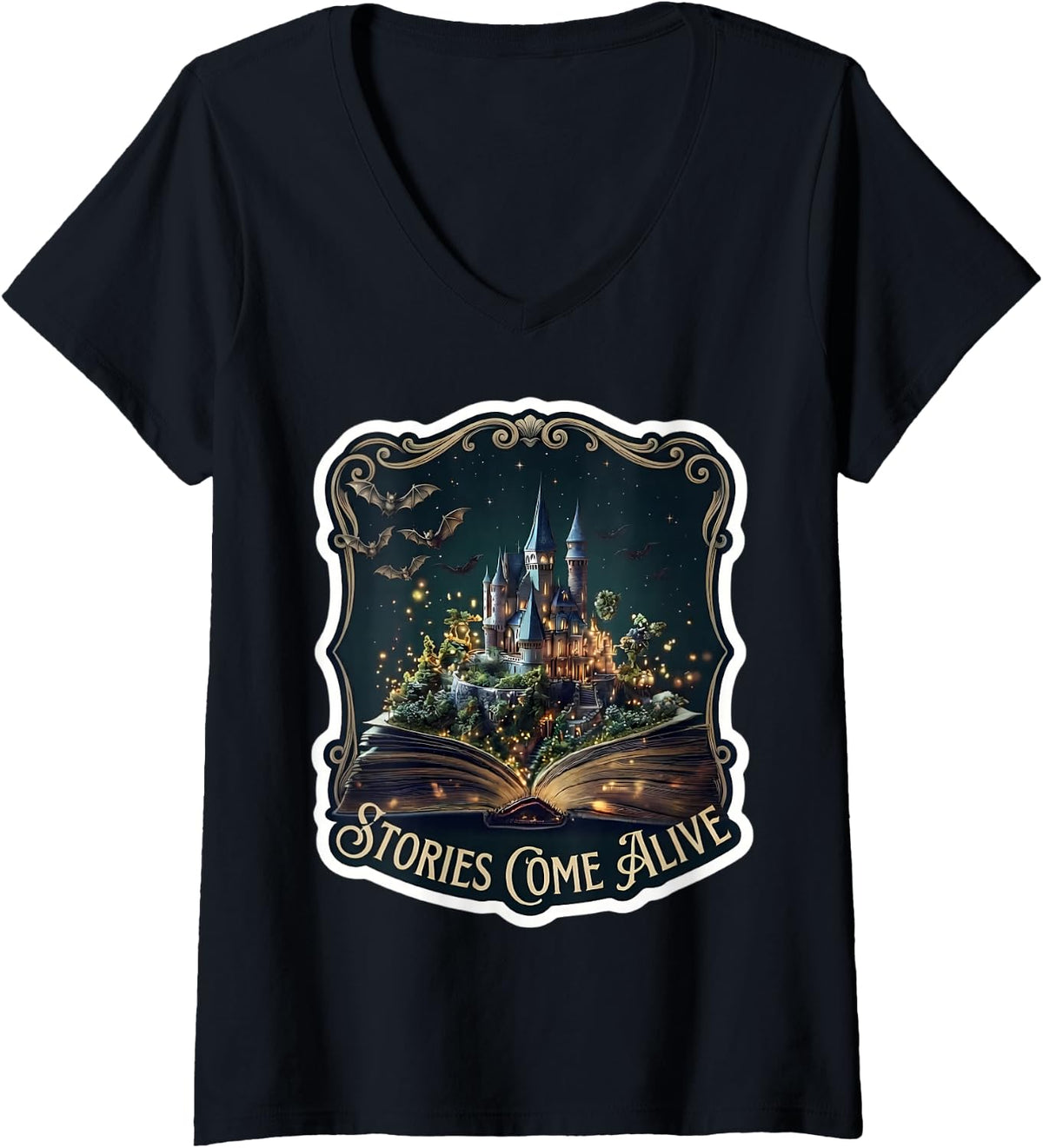 Women's Stories Come Alive Book Lover Library Bookworm Reader Quote V-Neck T-Shirt - Black