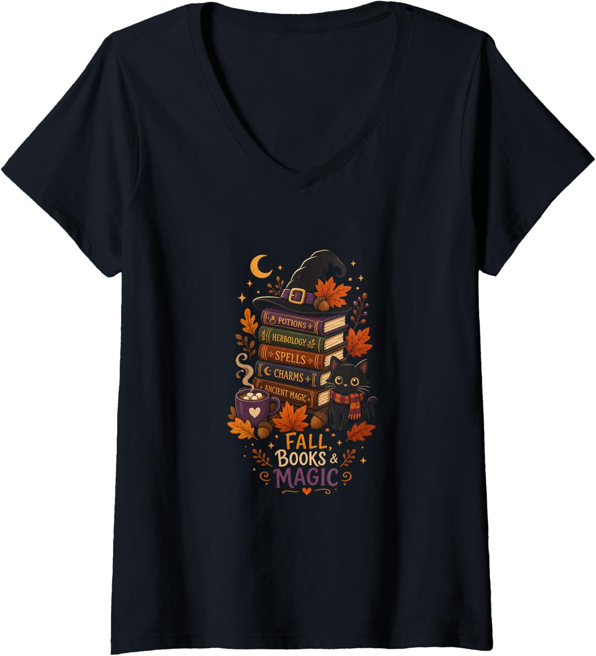 Women's Book Reader Cozy Fall Magical Fantasy Themes Teachers V-Neck T-Shirt - Black