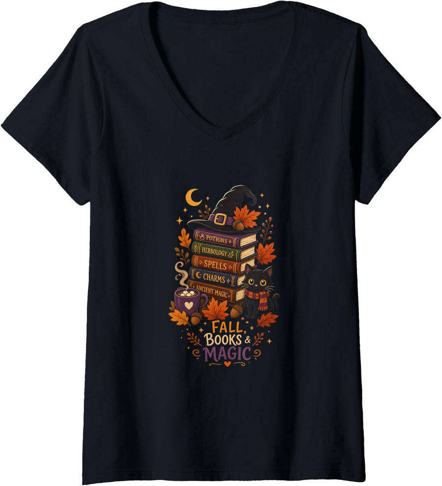 Women's Book Reader Cozy Fall Magical Fantasy Themes Teachers V-Neck T-Shirt - Black