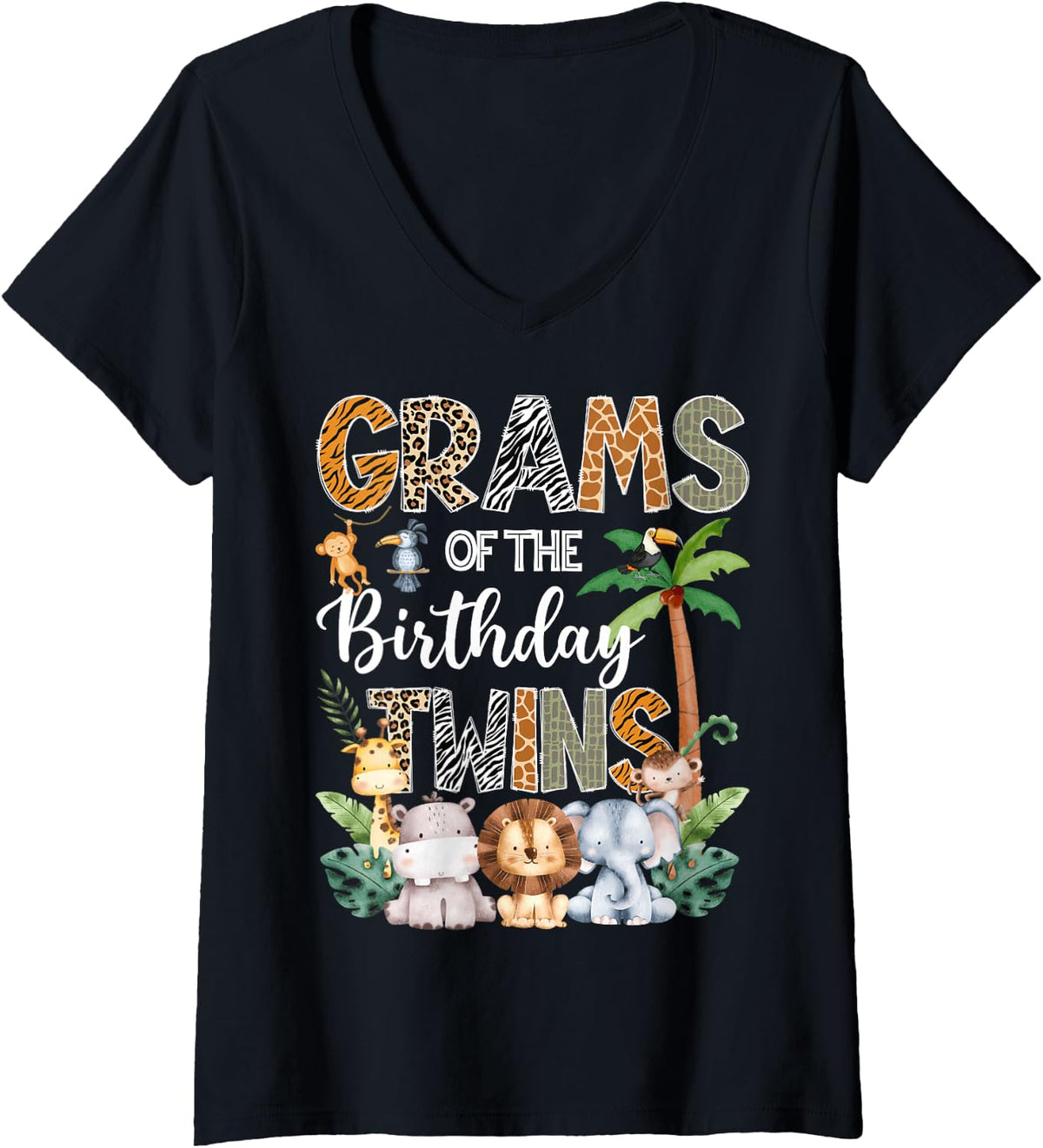Women's Grams of The Birthday Twins Safari Jungle Animal Lover V-Neck T-Shirt - Black