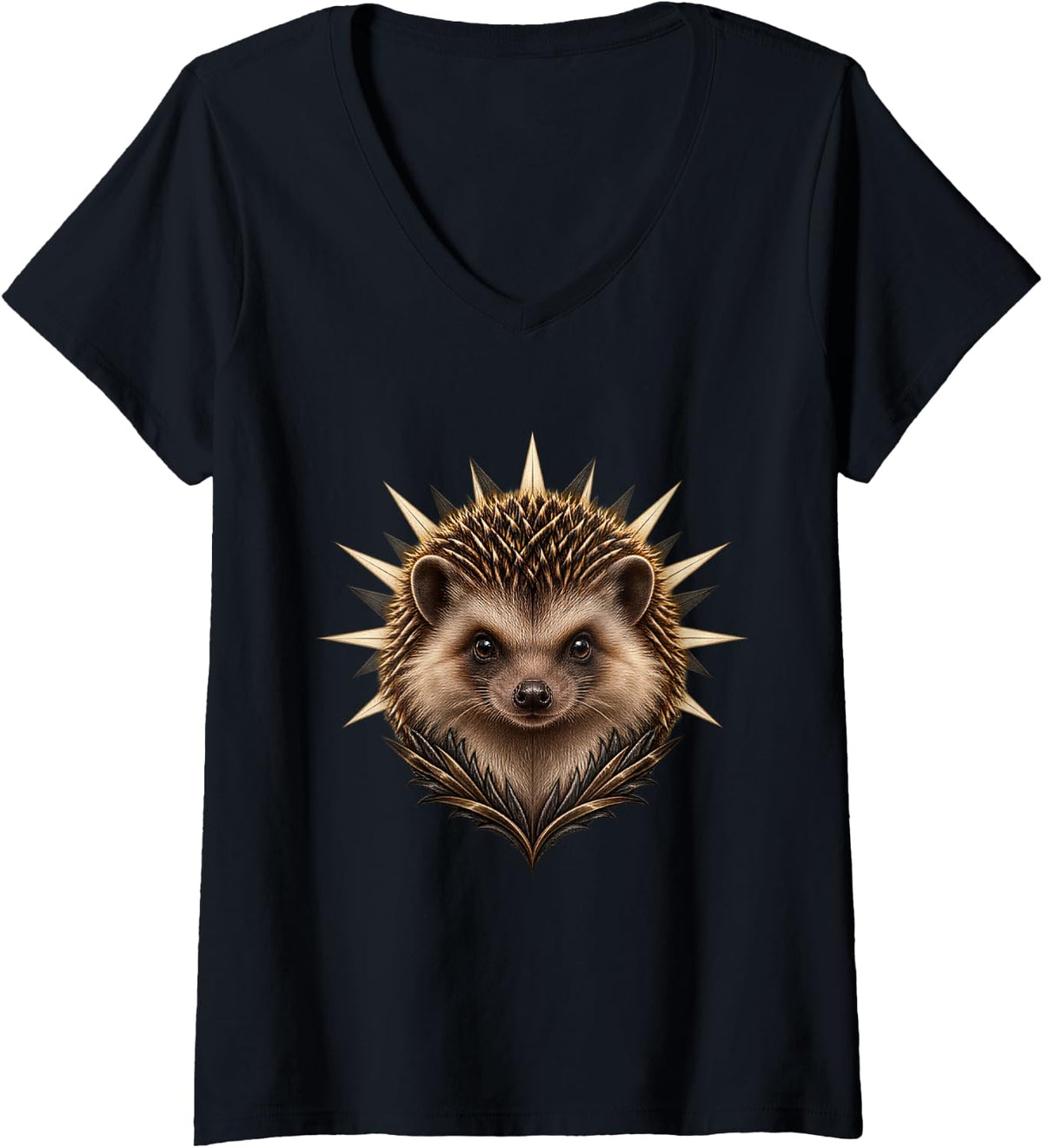 Women's Hedgehog with White Starburst V-Neck T-Shirt - Black