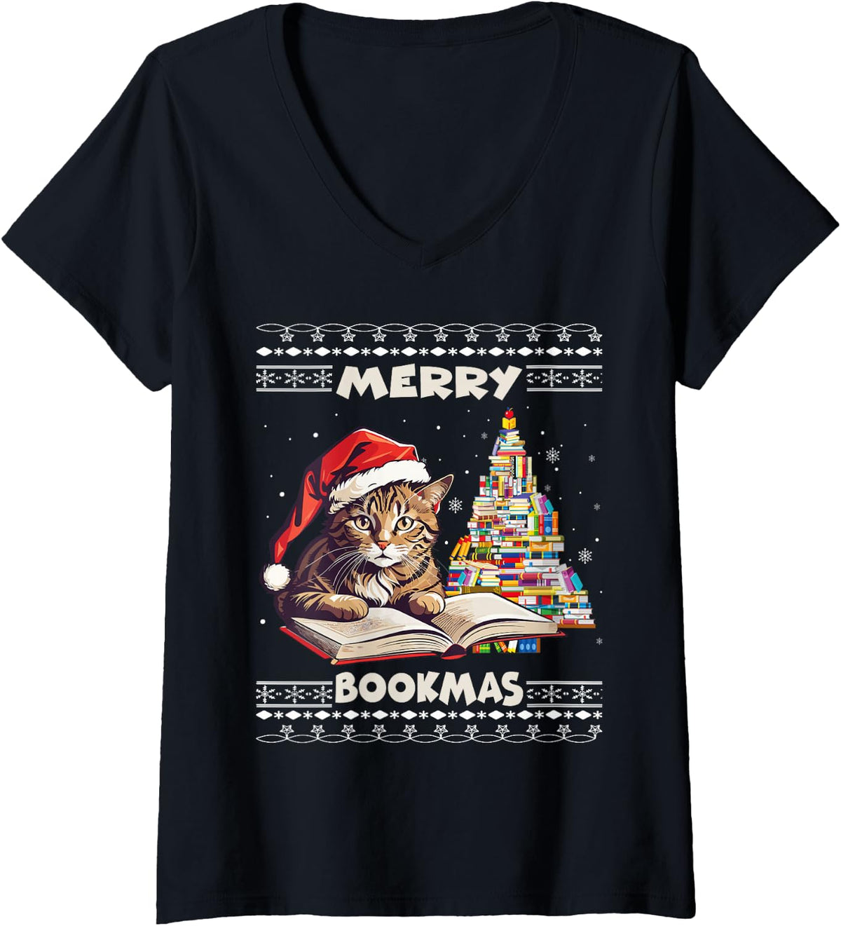 Women's Merry Bookmas Cat Reading A Book Ugly Christmas Sweater Xmas V-Neck T-Shirt - Black