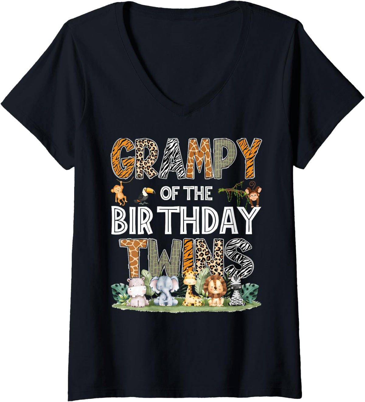Women's Grampy of The Birthday Twins Safari Wild One Zoo Animal V-Neck T-Shirt - Black