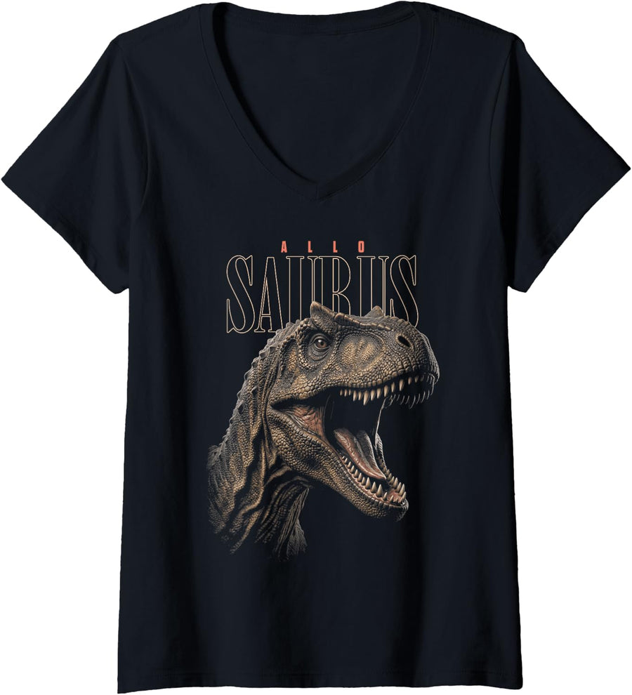 Women's Allosaurus Face Dinosaur Wildlife Nature Dino Allosaurus V-Neck T-Shirt - Black