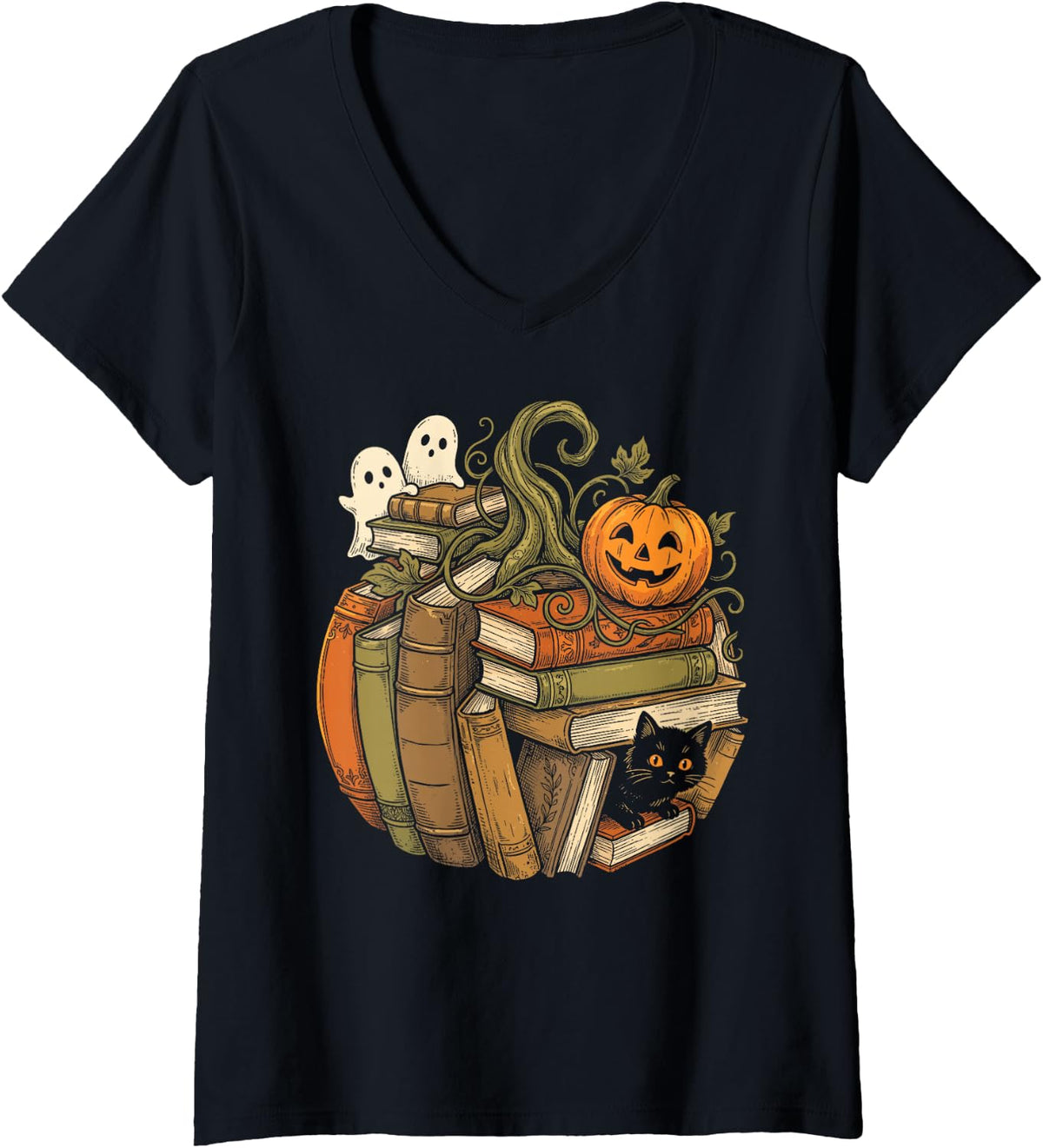 Women's Pumpkin Reading Book Lovers Teacher Librarian Halloween Fall V-Neck T-Shirt - Black
