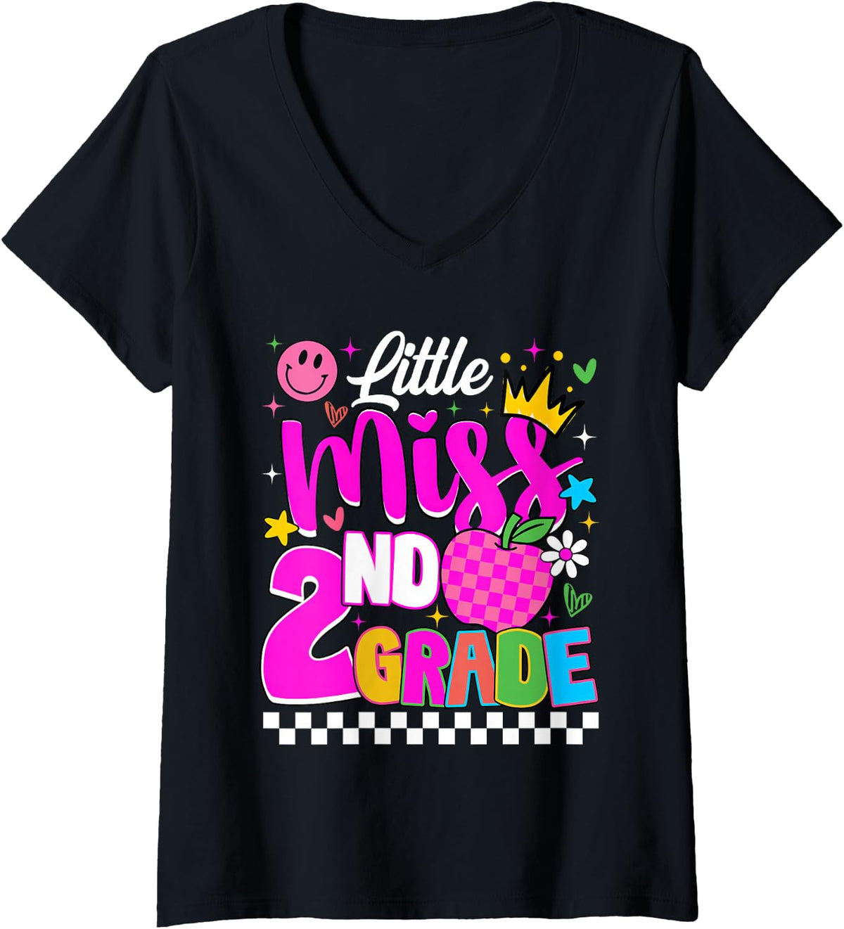 Women's Little Miss 2nd Grade Cute First Day of School Girl Student V-Neck T-Shirt - Black