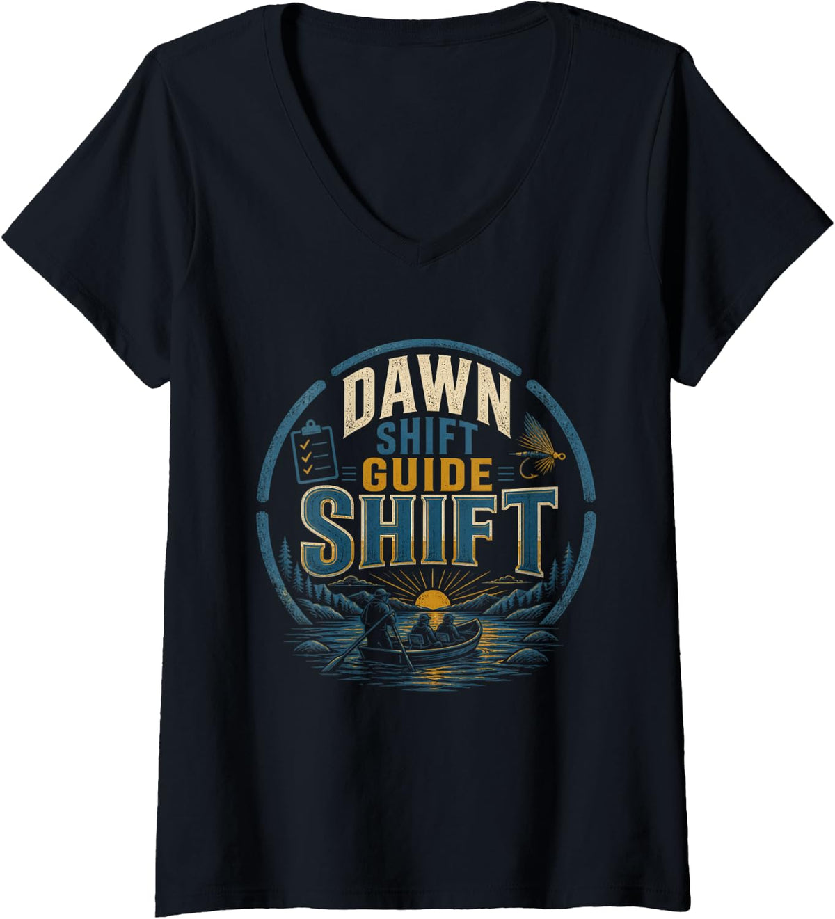 Women's Dawn Shift Guide Shift Fly Fishing Trout Angler Dry Fly V-Neck T-Shirt - Black
