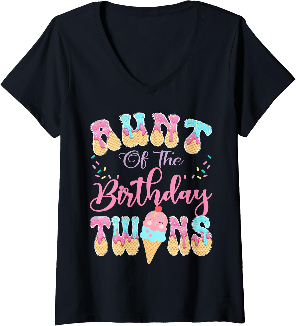 Women's Aunt of The Birthday Twins Sweet Ice Cream Drip Party V-Neck T-Shirt - Black