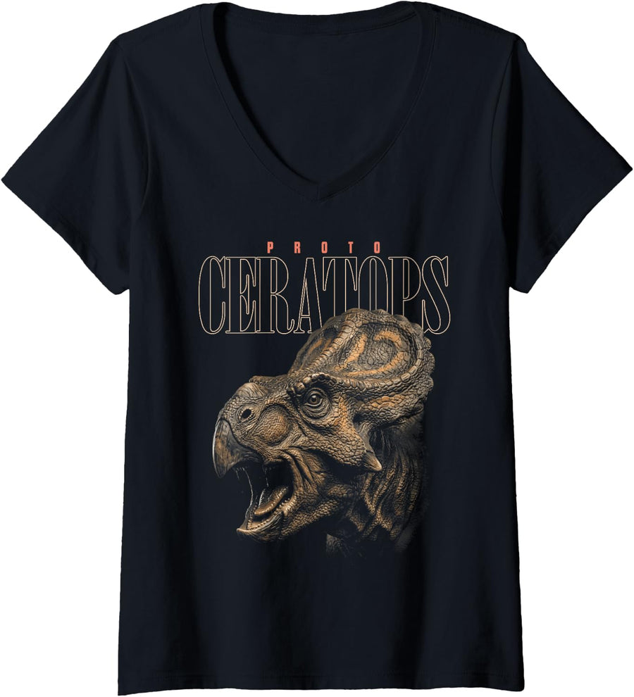 Women's Protoceratops Face Dinosaur Wildlife Nature Dino V-Neck T-Shirt - Black