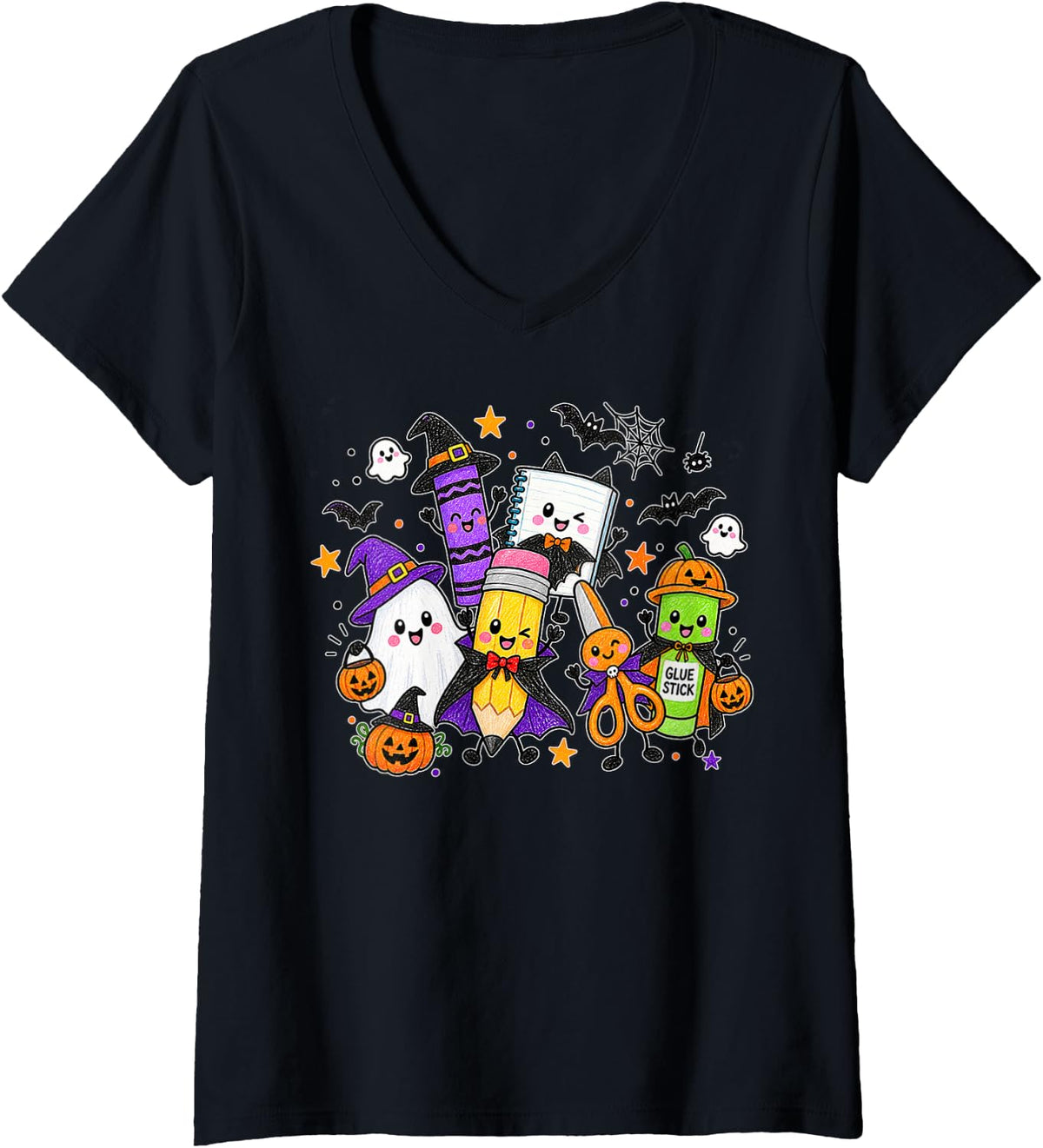Women's Funny Spooky School Teacher Cute School Supplies Halloween V-Neck T-Shirt - Black