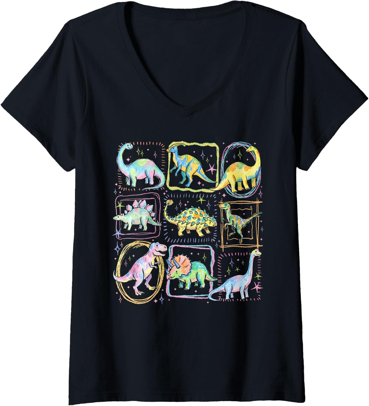Women's Whimsical Dinosaur Colorful Cute Dino Identification V-Neck T-Shirt - Black