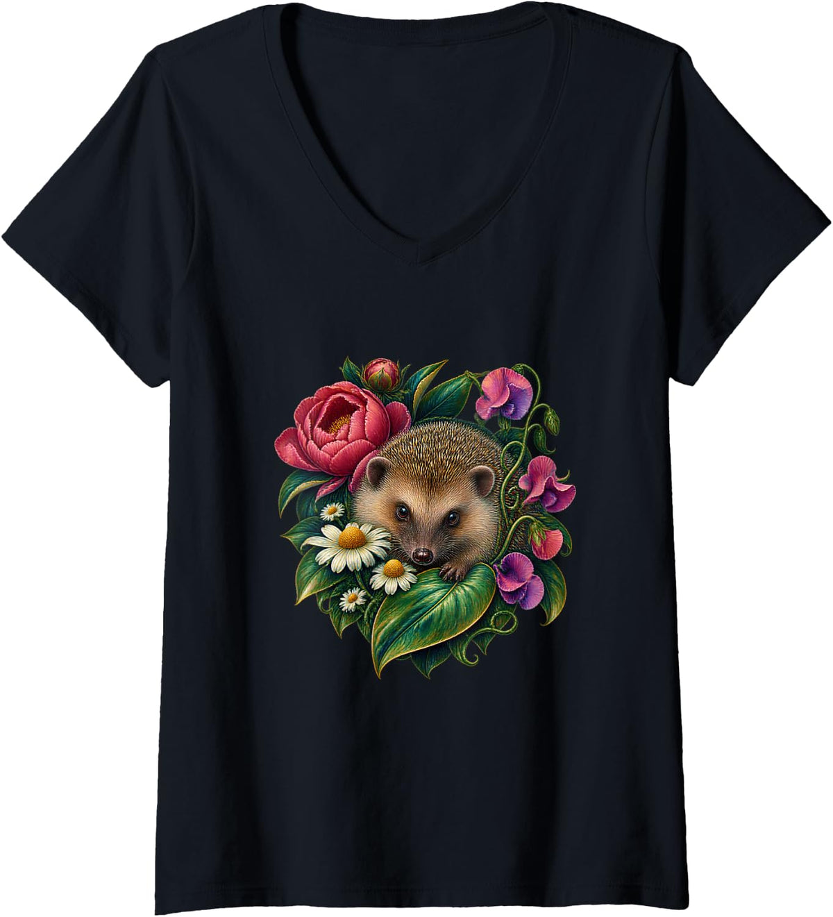 Women's European Hedgehog Peony Airbrush Art V-Neck T-Shirt - Black