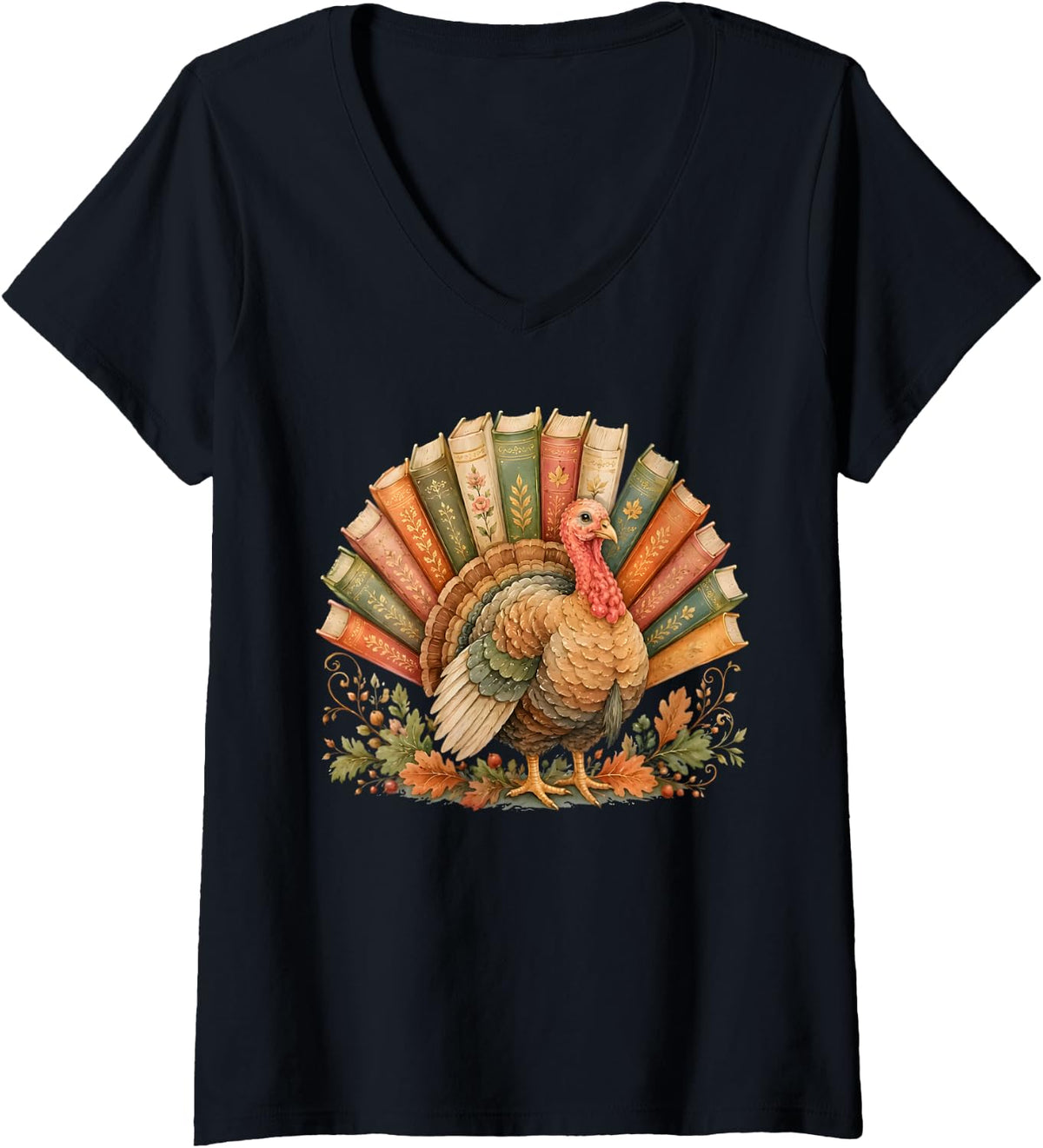 Women's Retro Thanksgiving Turkey Book Reading Fall Teacher Bookish V-Neck T-Shirt - Black